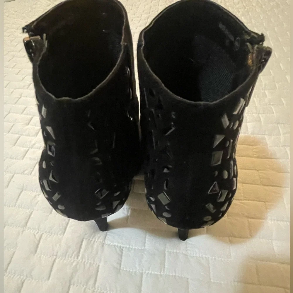 Nina Black Suede Ankle Booties with Embellished Heel
